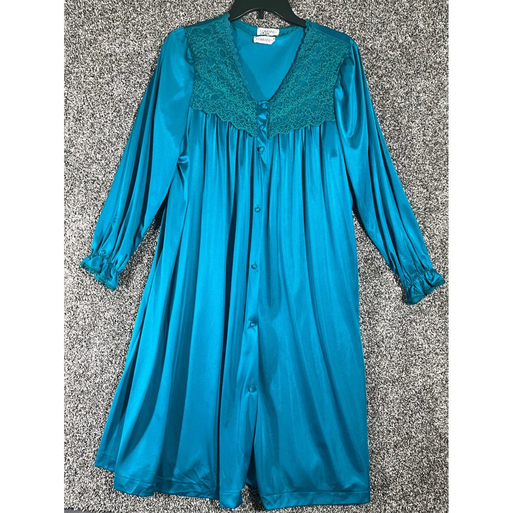 VTG Lorraine Silky Nylon Robe/Nightgown 2 Piece Set Women M Teal Lace Trim Retro